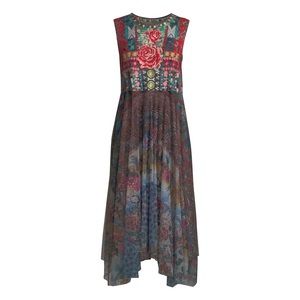 Johnny Was Madeline Sleeveless Mesh Dress w/Floral Embroidery XS.